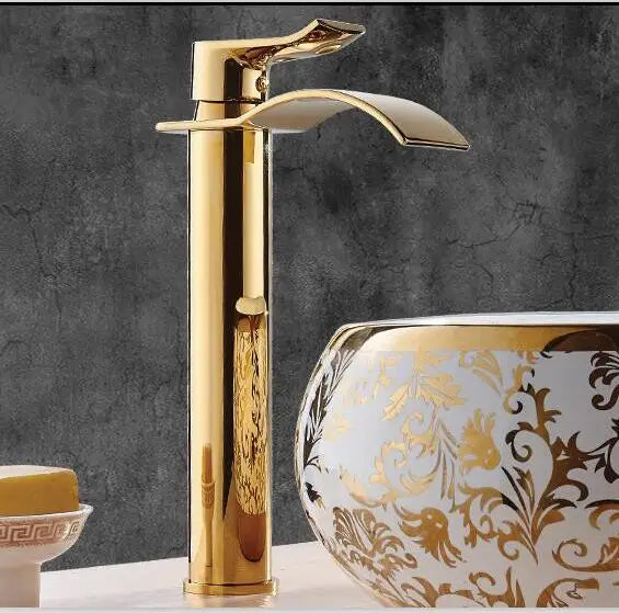Tuqiu Gold Bathroom Faucet Waterfall Basin Faucet Single handle Basin Mixer Tap Bath Faucet Brass Sink Water Crane Tap