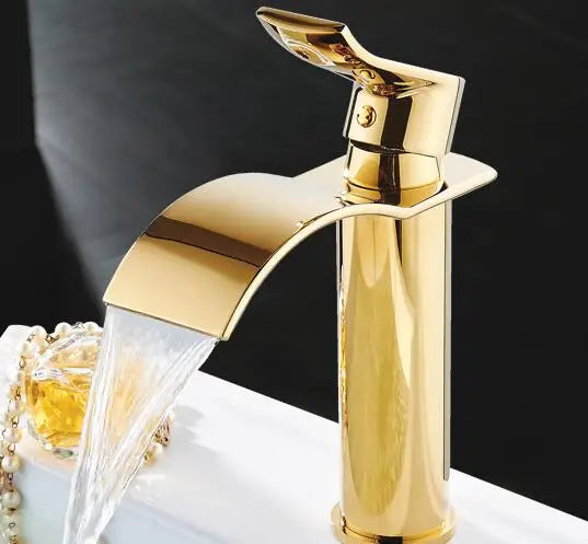 Tuqiu Gold Bathroom Faucet Waterfall Basin Faucet Single handle Basin Mixer Tap Bath Faucet Brass Sink Water Crane Tap