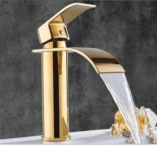 Tuqiu Gold Bathroom Faucet Waterfall Basin Faucet Single handle Basin Mixer Tap Bath Faucet Brass Sink Water Crane Tap