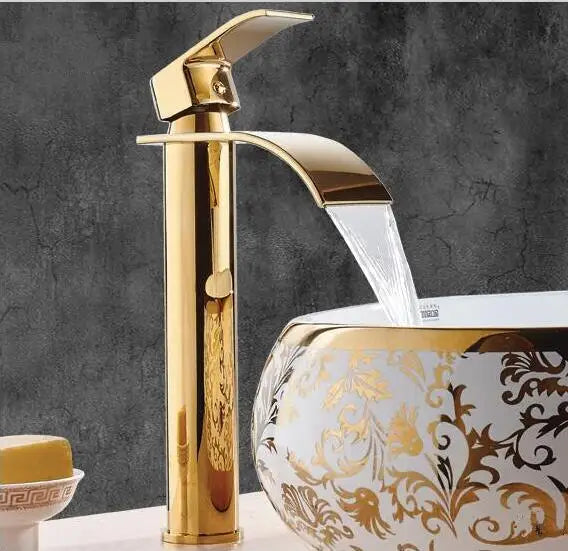 Tuqiu Gold Bathroom Faucet Waterfall Basin Faucet Single handle Basin Mixer Tap Bath Faucet Brass Sink Water Crane Tap