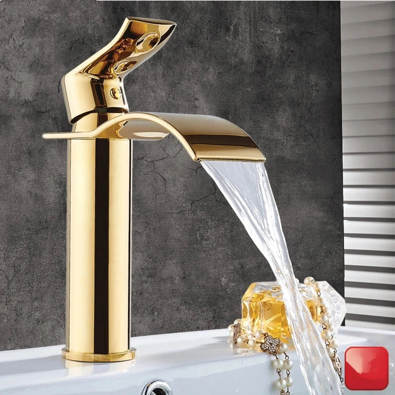 Tuqiu Gold Bathroom Faucet Waterfall Basin Faucet Single handle Basin Mixer Tap Bath Faucet Brass Sink Water Crane Tap