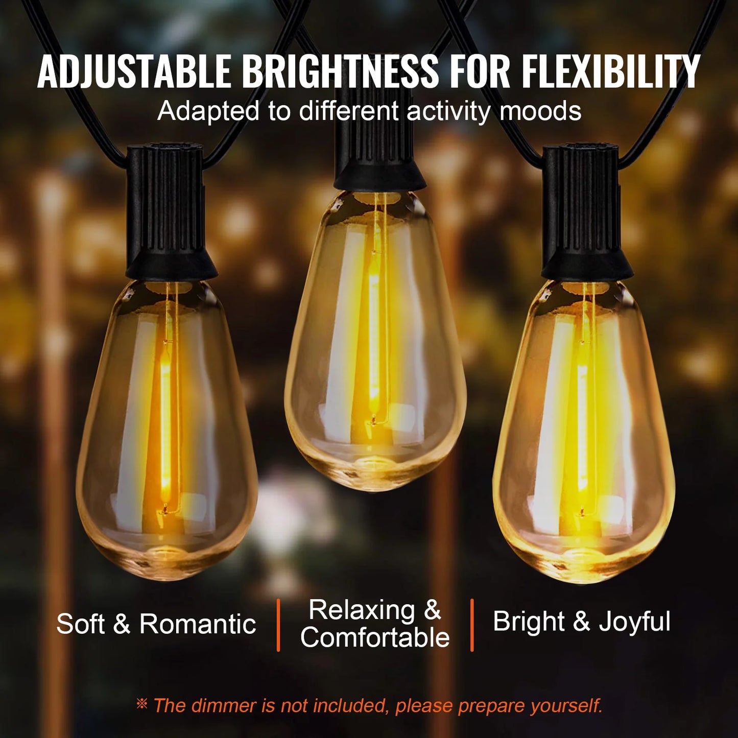 SucceBuy LED Outdoor String Lights 2700K Dimmable Outside Patio Waterproof Hanging Lights for Porch Backyard Garden Balcony