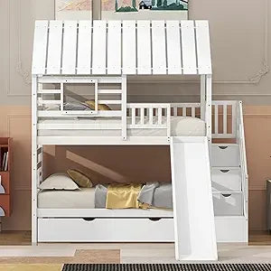 Kids Twin Over Twin Bunk Beds with Slide and Trundle, Solid Wood Bunk Bed Frame with Stairs and Storage, Playhouse Bunk Bed