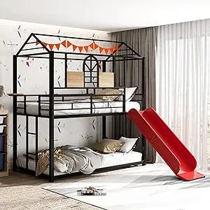 Kids Twin Over Twin Bunk Beds with Slide and Trundle, Solid Wood Bunk Bed Frame with Stairs and Storage, Playhouse Bunk Bed