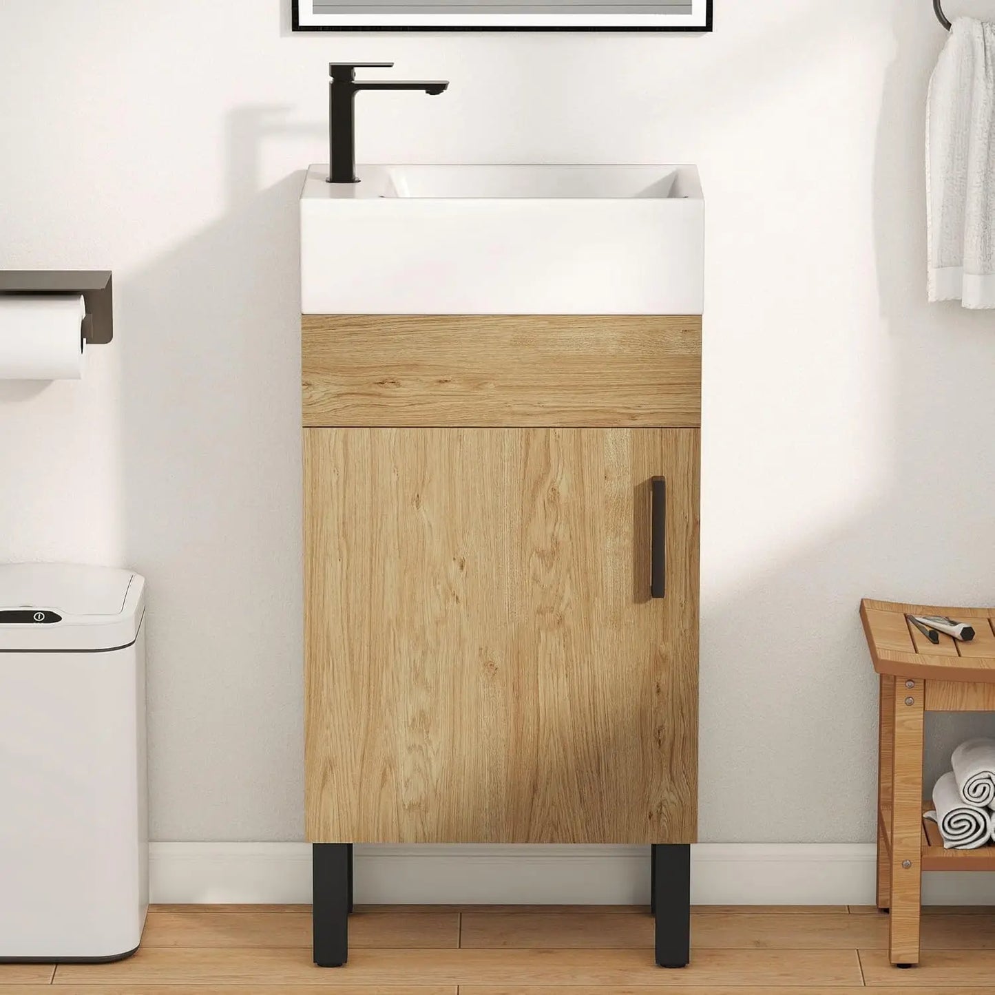 16 Inch Bathroom Vanity with Sink, Bathroom Cabinet Vanity for Small Space, Freestanding Storage Bathroom Vanity with