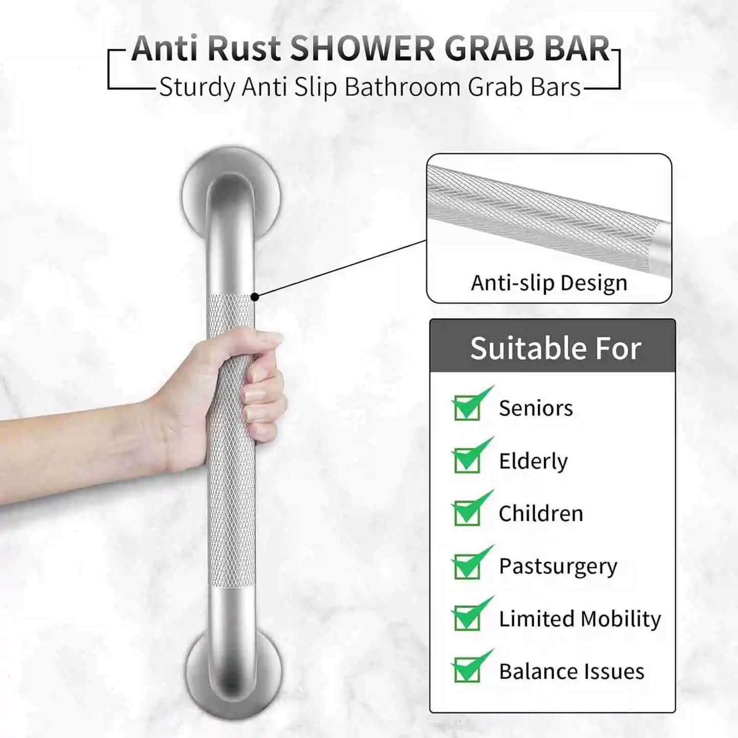 2 Pcs Shower Grab Bar 12 Inch Anti Slip Stainless Steel Shower Handrail for Bathroom
