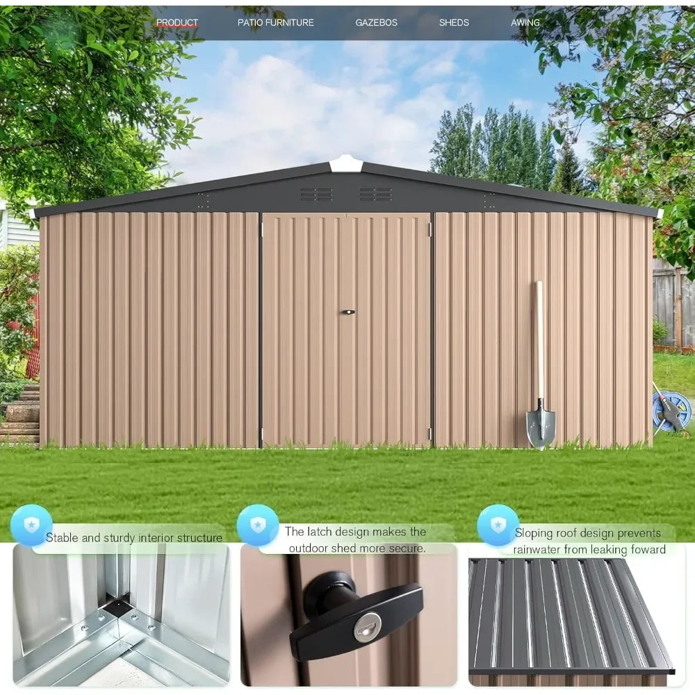 14 'x 12' Shed Outdoor Metal Storage, Large Steel Courtyard Shed, Garden, Backyard, Terrace, Outdoor Tool Storage, Gray