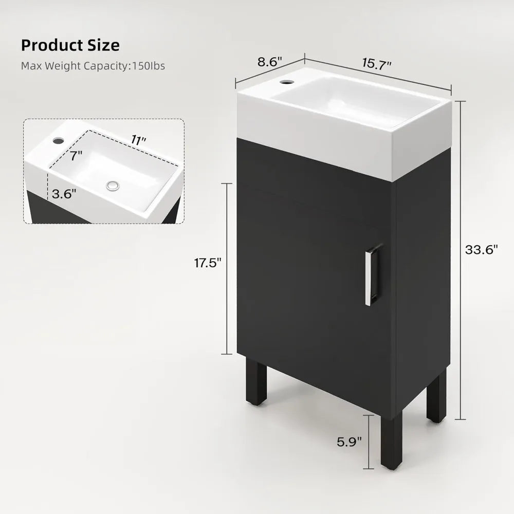 16 Inch Bathroom Vanity with Sink, Bathroom Cabinet Vanity for Small Space, Freestanding Storage Bathroom Vanity with