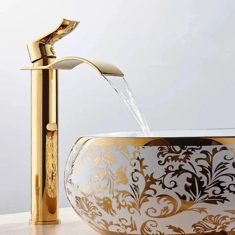 Tuqiu Gold Bathroom Faucet Waterfall Basin Faucet Single handle Basin Mixer Tap Bath Faucet Brass Sink Water Crane Tap