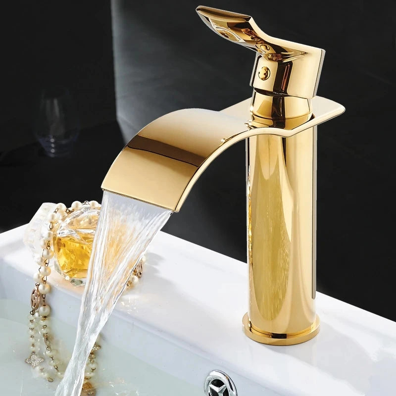 Tuqiu Gold Bathroom Faucet Waterfall Basin Faucet Single handle Basin Mixer Tap Bath Faucet Brass Sink Water Crane Tap