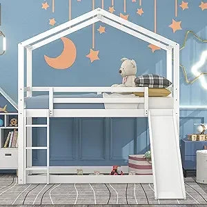 Kids Twin Over Twin Bunk Beds with Slide and Trundle, Solid Wood Bunk Bed Frame with Stairs and Storage, Playhouse Bunk Bed