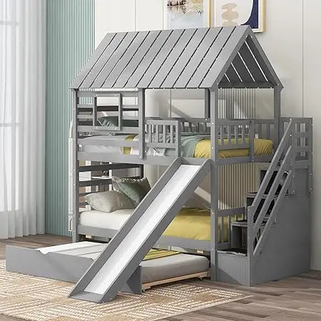 Kids Twin Over Twin Bunk Beds with Slide and Trundle, Solid Wood Bunk Bed Frame with Stairs and Storage, Playhouse Bunk Bed