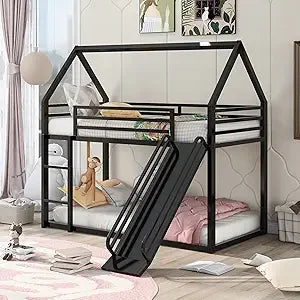 Kids Twin Over Twin Bunk Beds with Slide and Trundle, Solid Wood Bunk Bed Frame with Stairs and Storage, Playhouse Bunk Bed
