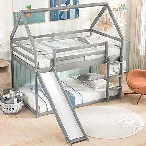 Kids Twin Over Twin Bunk Beds with Slide and Trundle, Solid Wood Bunk Bed Frame with Stairs and Storage, Playhouse Bunk Bed