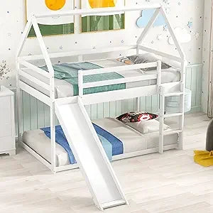 Kids Twin Over Twin Bunk Beds with Slide and Trundle, Solid Wood Bunk Bed Frame with Stairs and Storage, Playhouse Bunk Bed