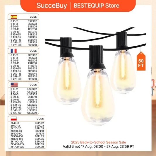 SucceBuy LED Outdoor String Lights 2700K Dimmable Outside Patio Waterproof Hanging Lights for Porch Backyard Garden Balcony