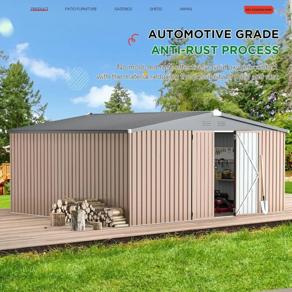 14 'x 12' Shed Outdoor Metal Storage, Large Steel Courtyard Shed, Garden, Backyard, Terrace, Outdoor Tool Storage, Gray