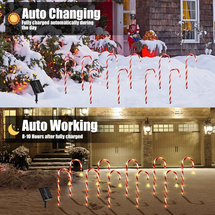 Outdoor Christmas Decorations 10 Pcs Christmas Candy Cane Lights with Hanging Star 21'' Solar Pathway Lights with 8 Modes Water