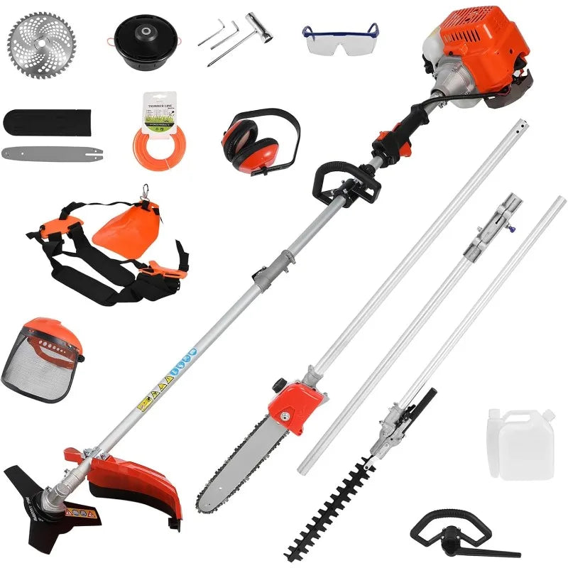 Powerful 52cc 5 in 1 Multi Functional Trimming Tools,Gas Hedge Trimmer,String Trimmer, Weed Eater, Pole Chainsaw