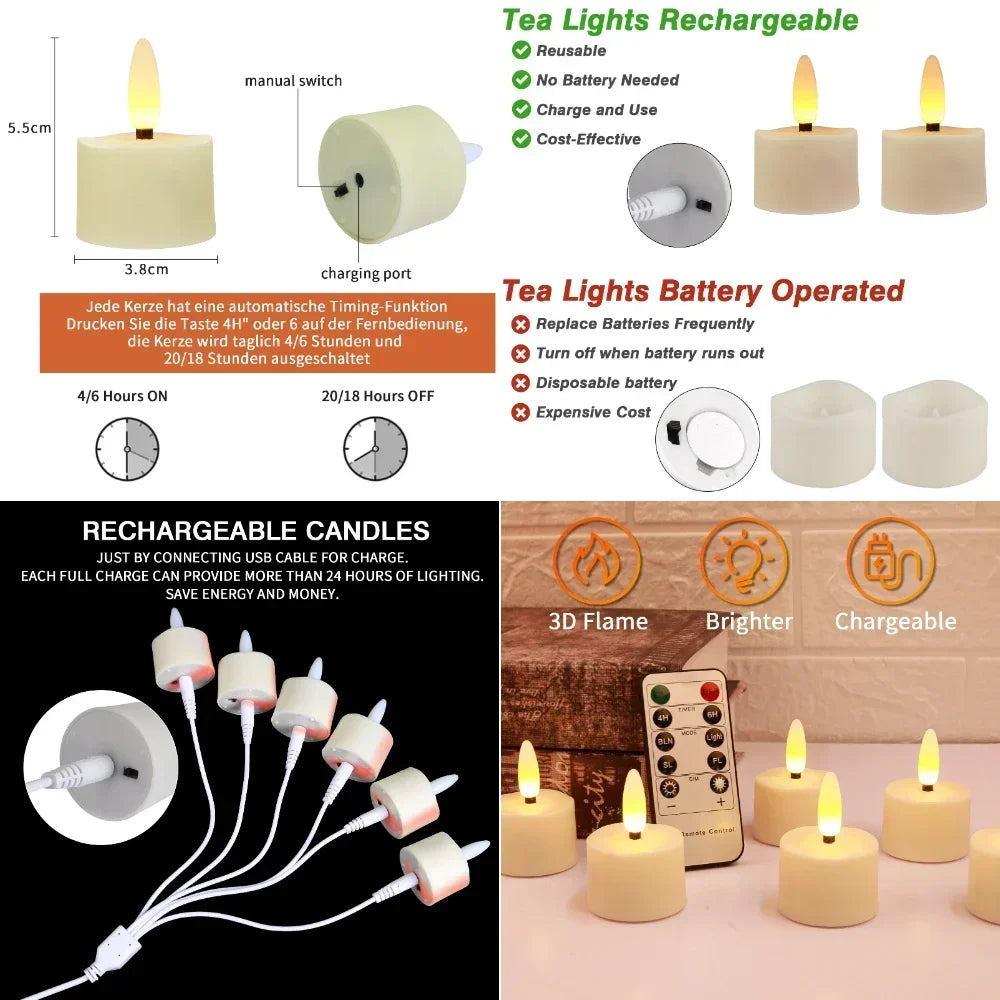 Rechargeable Candle Tea Lights with Remote Timer LED Candles Battery Operated Flameless for Home Decor Seasonal Decor 6/12-Pack