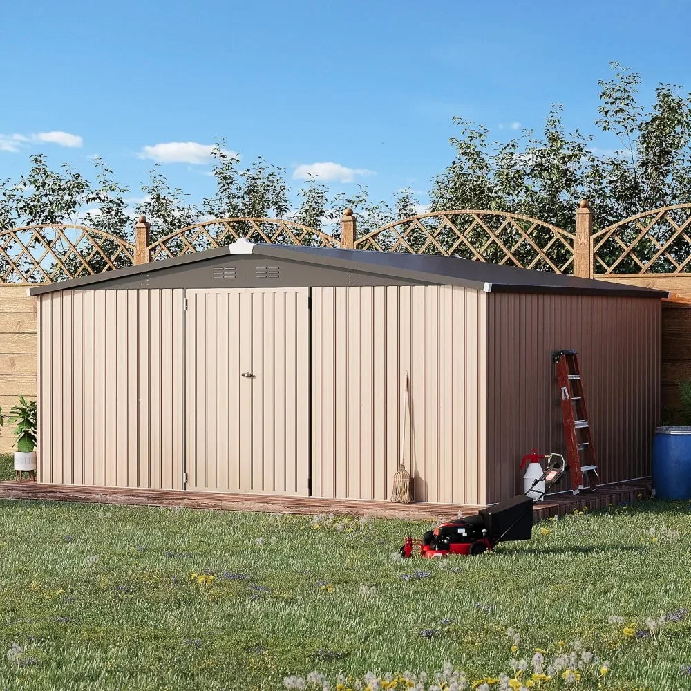 14 'x 12' Shed Outdoor Metal Storage, Large Steel Courtyard Shed, Garden, Backyard, Terrace, Outdoor Tool Storage, Gray