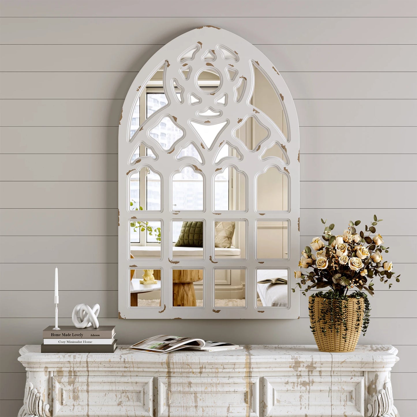 Arched Window Mirror, Big Wall Mirrors Decorative with Wood Framed, Large Retro Farmhouse Mirrors for Kitchen Entryway Living Room