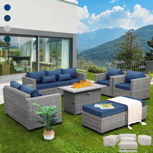 7-Piece Patio Furniture Set with 45-Inch Fire Pit 60000 BTU Propane Fire Pit Table Non-Slip Cushions and Waterproof Covers