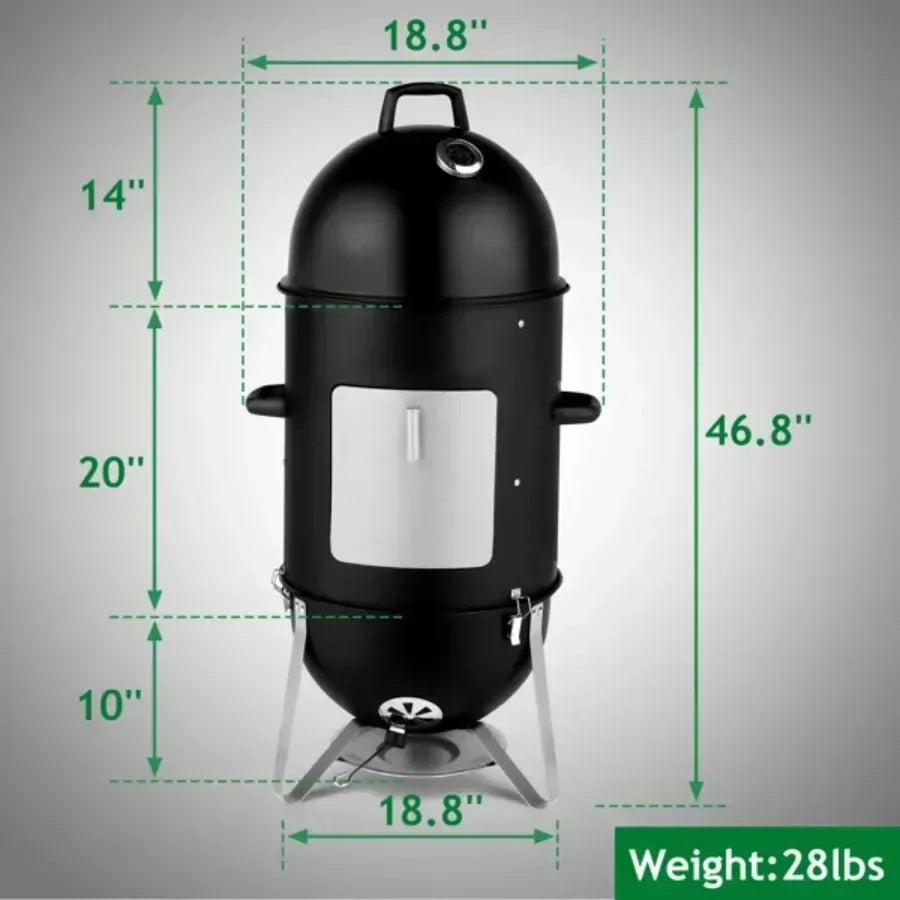 Vertical Steel Charcoal Smoker Heavy Duty Three Layer Round BBQ Grill Smokey Mountain Cooker Outdoor Black
