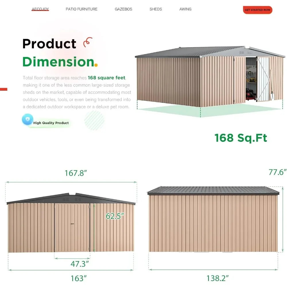 14 'x 12' Shed Outdoor Metal Storage, Large Steel Courtyard Shed, Garden, Backyard, Terrace, Outdoor Tool Storage, Gray