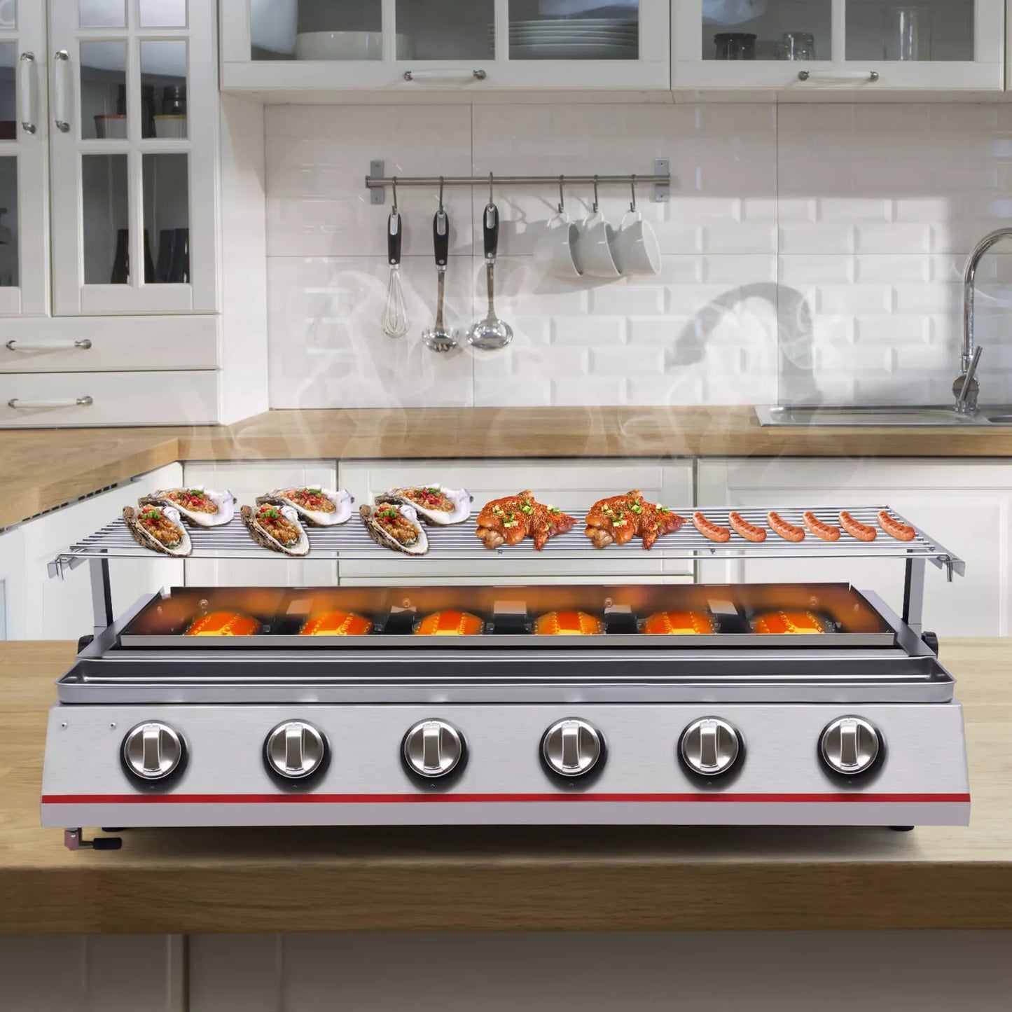 6 Burner Gas BBQ Grill Cabinet Style Stainless Steel Barbecue Table Top Gas Griller Outdoor Cooking with Sear and Side Burners