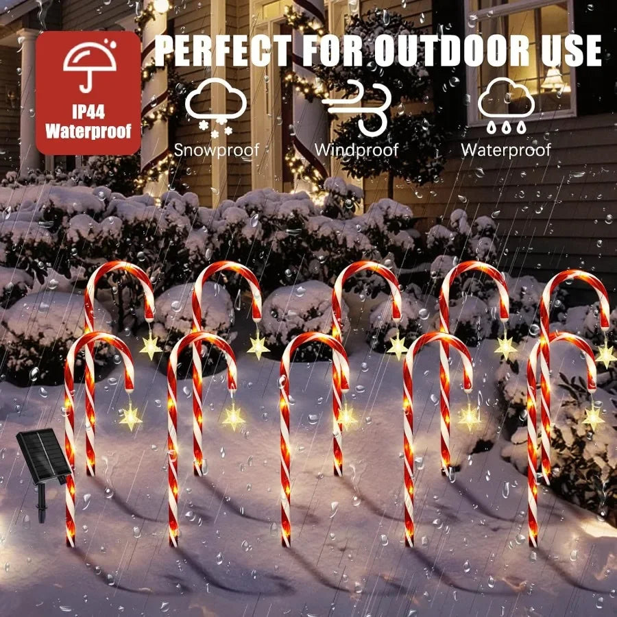 Outdoor Christmas Decorations 10 Pcs Christmas Candy Cane Lights with Hanging Star 21'' Solar Pathway Lights with 8 Modes Water