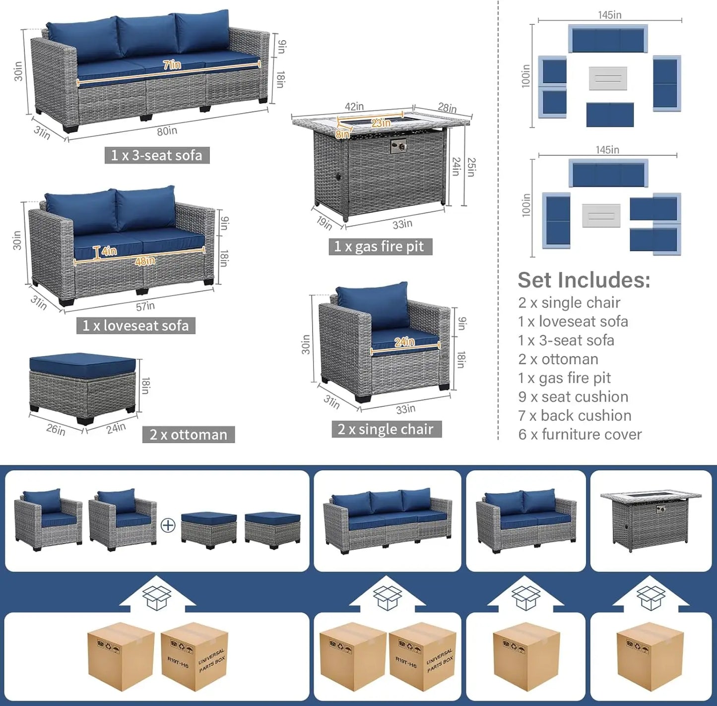 7-Piece Patio Furniture Set with 45-Inch Fire Pit 60000 BTU Propane Fire Pit Table Non-Slip Cushions and Waterproof Covers