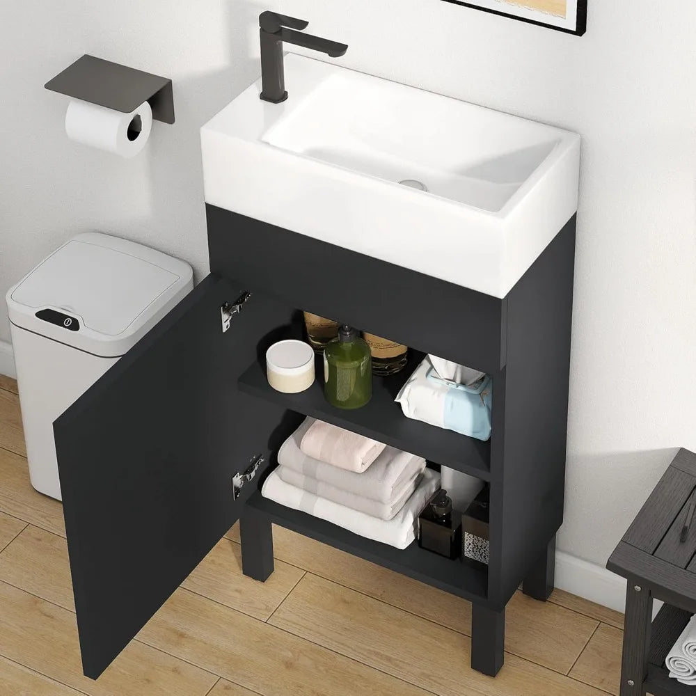 16 Inch Bathroom Vanity with Sink, Bathroom Cabinet Vanity for Small Space, Freestanding Storage Bathroom Vanity with