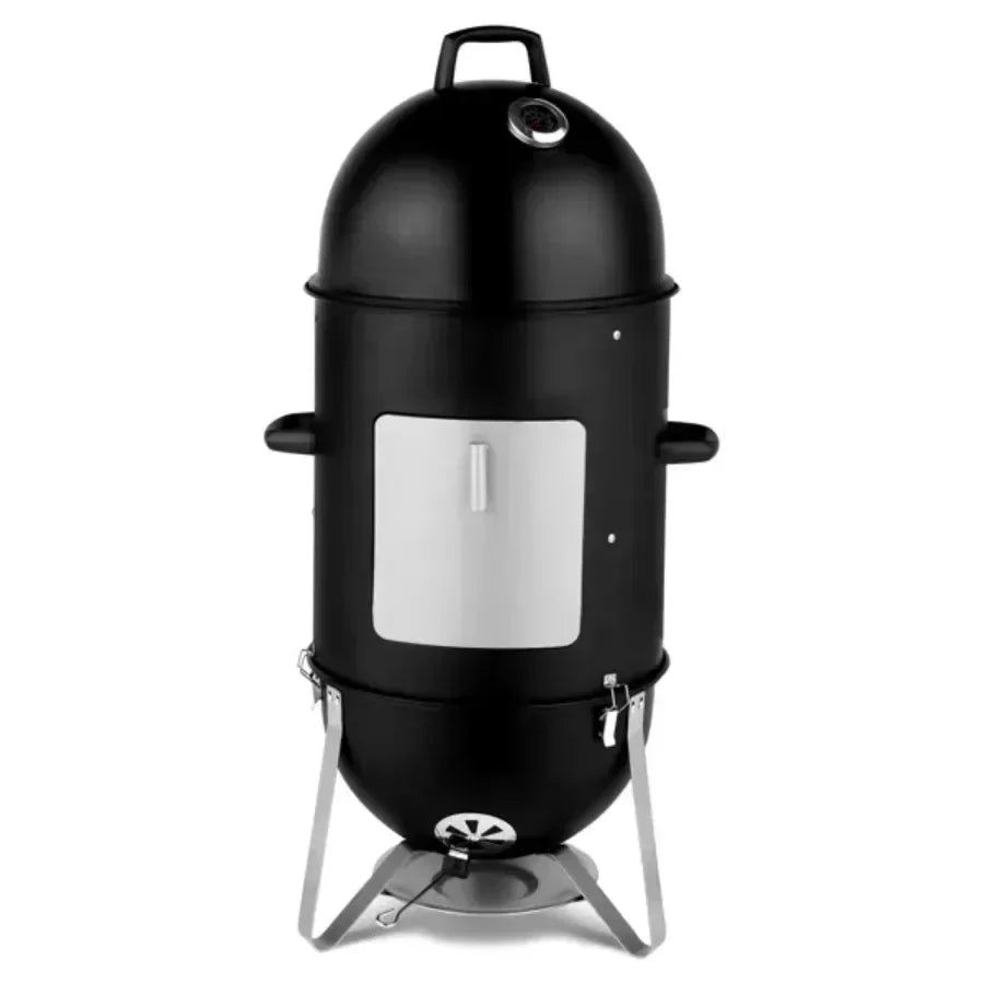 Vertical Steel Charcoal Smoker Heavy Duty Three Layer Round BBQ Grill Smokey Mountain Cooker Outdoor Black