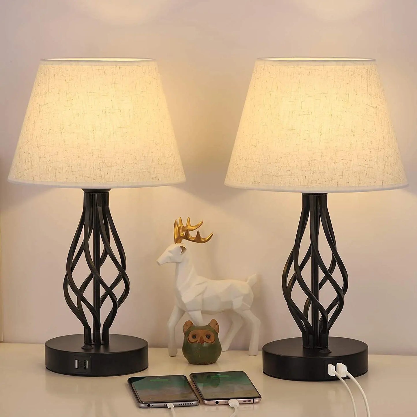 Bedside Table Lamp Set of 2 with Dual USB Ports   Metal Nightstand Lamps