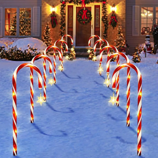 Outdoor Christmas Decorations 10 Pcs Christmas Candy Cane Lights with Hanging Star 21'' Solar Pathway Lights with 8 Modes Water