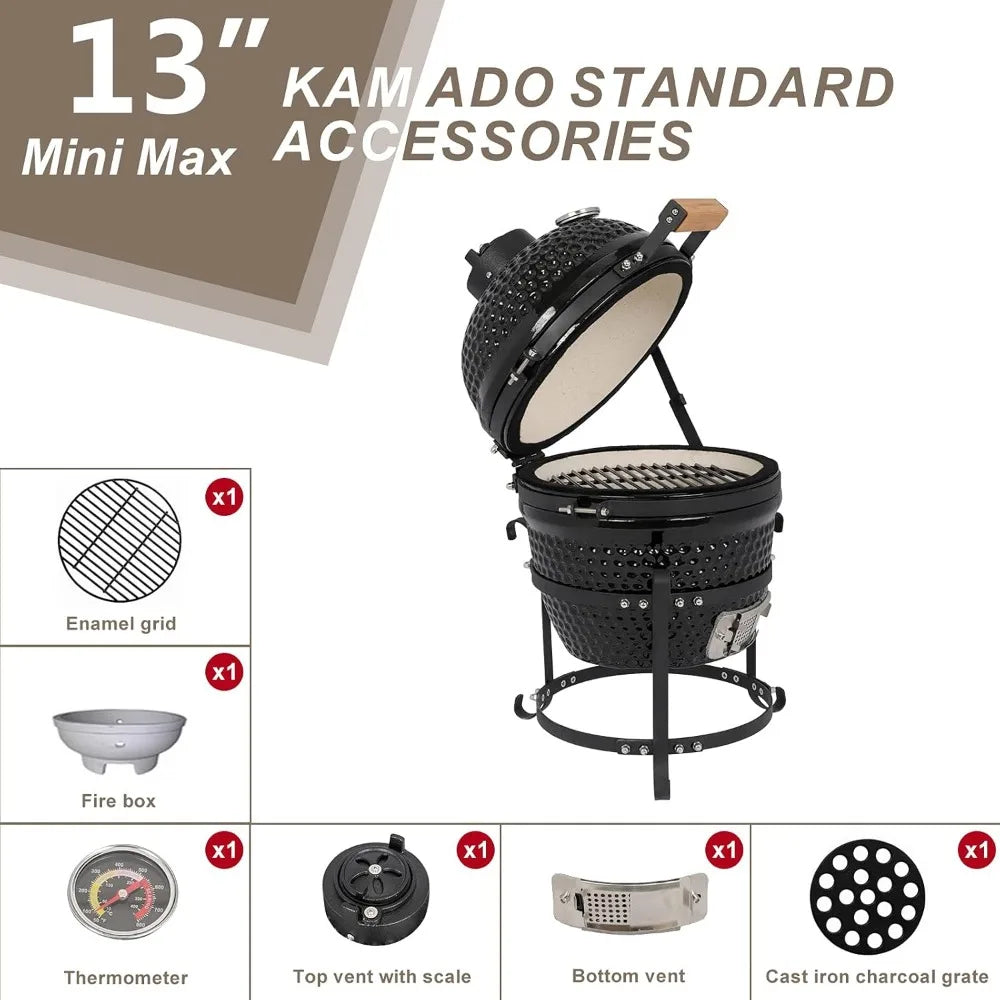 13" Kamado Charcoal Grill Portable Barbecue Grill BBQ Kettle Stand Lid Perfect for Outdoor Camping Patio Backyard Picnic