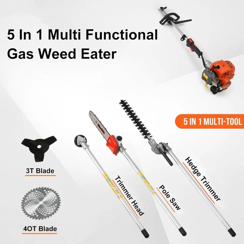 Powerful 52cc 5 in 1 Multi Functional Trimming Tools,Gas Hedge Trimmer,String Trimmer, Weed Eater, Pole Chainsaw