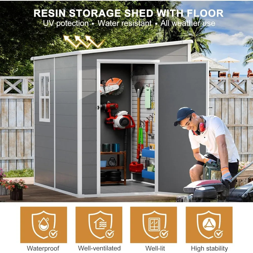 Waterproof Plastic Outdoor Storage Shed, 5x4 Feet with Floor, Includes Window, Lockable Door, and Garden Tool Storage