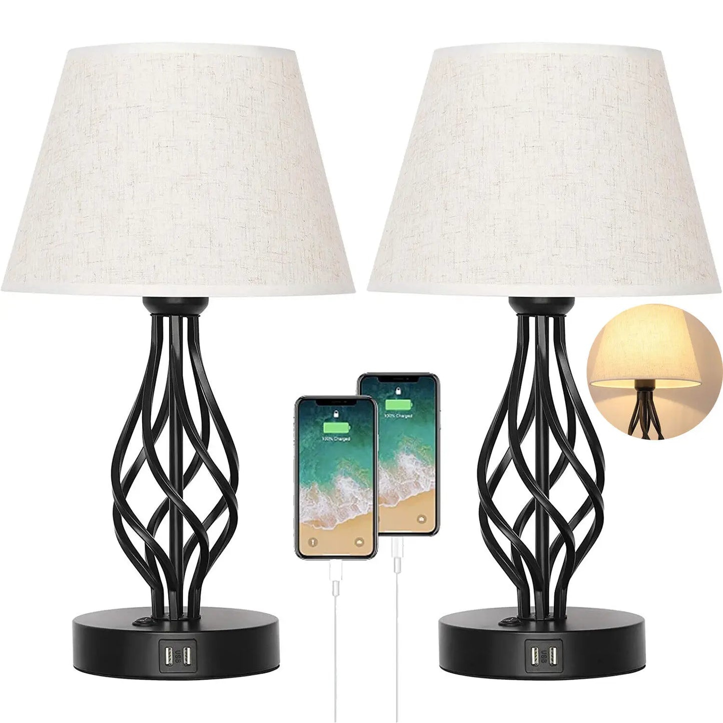 Bedside Table Lamp Set of 2 with Dual USB Ports   Metal Nightstand Lamps
