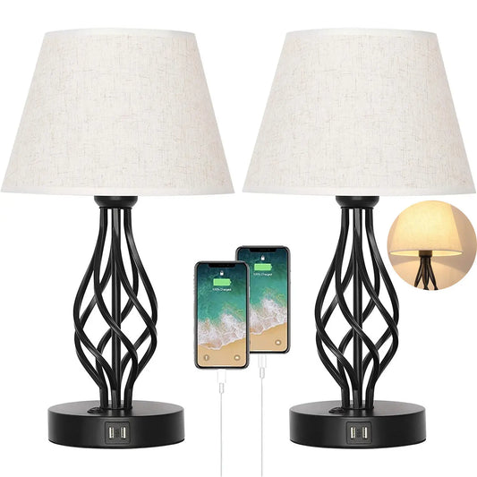 Bedside Table Lamp Set of 2 with Dual USB Ports   Metal Nightstand Lamps