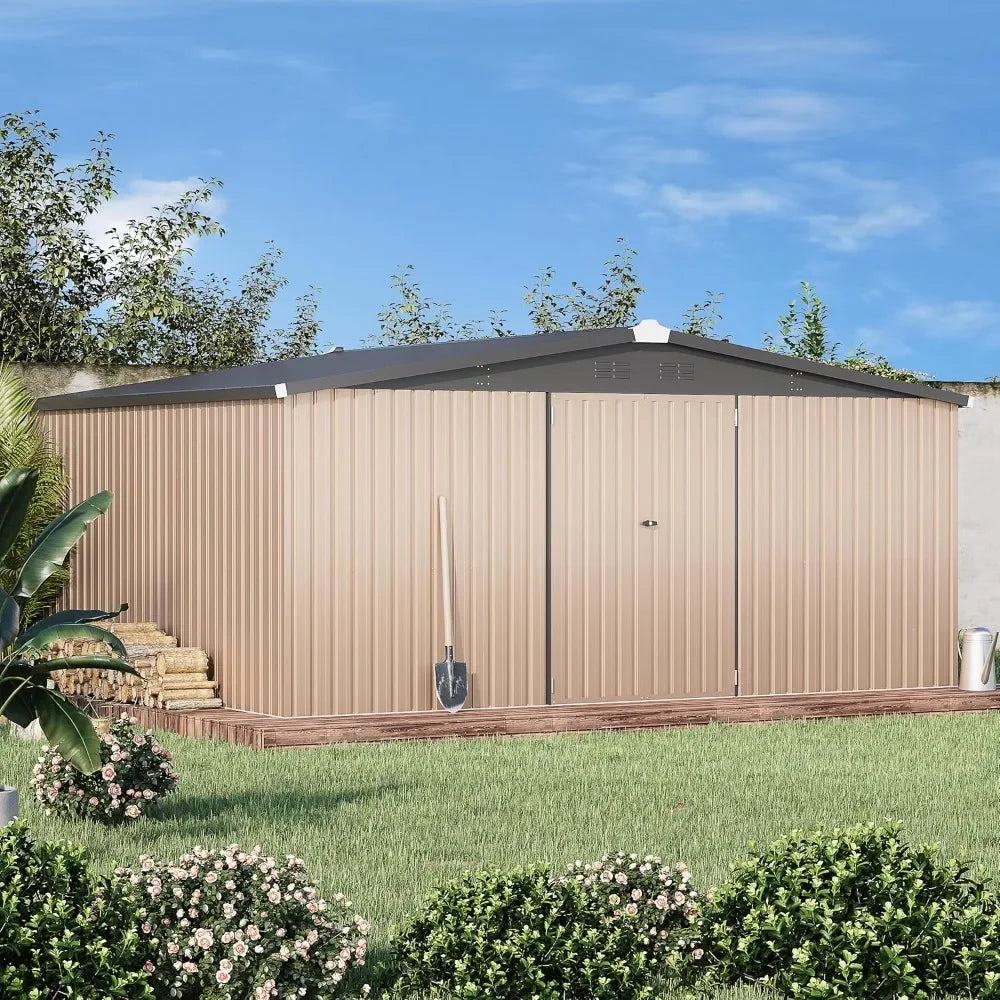 14 'x 12' Shed Outdoor Metal Storage, Large Steel Courtyard Shed, Garden, Backyard, Terrace, Outdoor Tool Storage, Gray