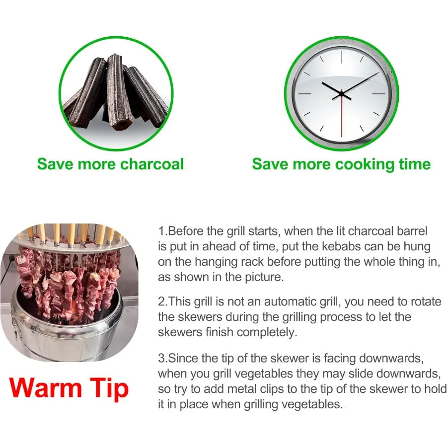 Portable Smokeless Barbecue Charcoal Barrel Grill Stainless Steel Surround Charcoal kebab Grill with 28 Skewers and BBQ Grill Cover