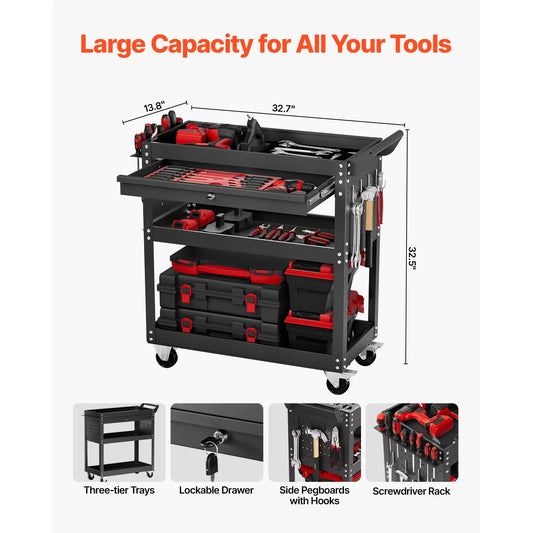 VEVOR 4-Tier Rolling Tool Cart on Wheels Mechanic Cart with Drawer & Pegboard Tool Storage Organizerfor Garage Repair Shop