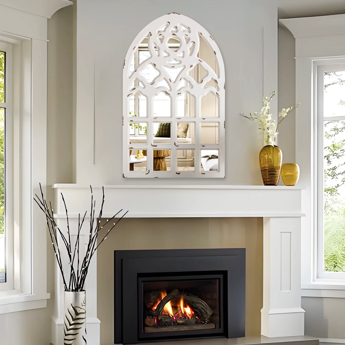 Arched Window Mirror, Big Wall Mirrors Decorative with Wood Framed, Large Retro Farmhouse Mirrors for Kitchen Entryway Living Room