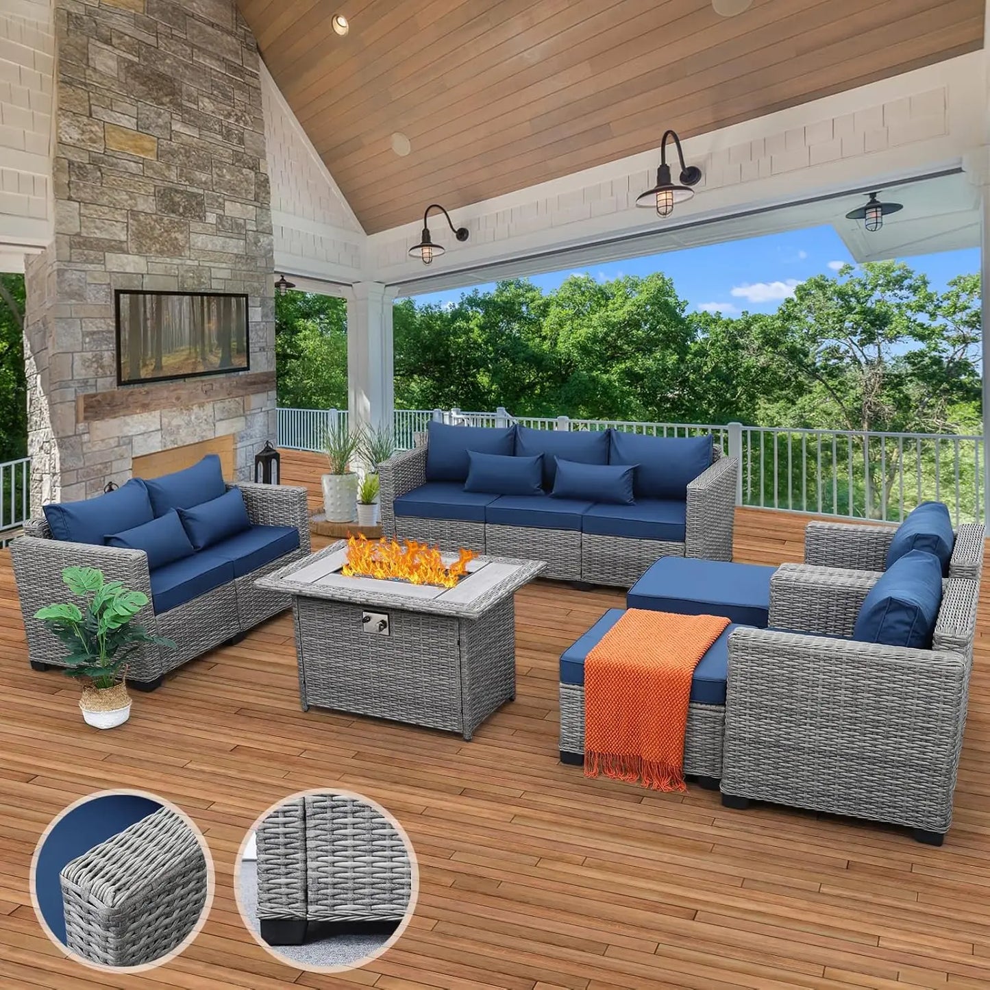 7-Piece Patio Furniture Set with 45-Inch Fire Pit 60000 BTU Propane Fire Pit Table Non-Slip Cushions and Waterproof Covers