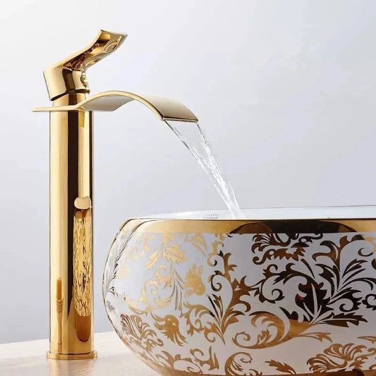 Tuqiu Gold Bathroom Faucet Waterfall Basin Faucet Single handle Basin Mixer Tap Bath Faucet Brass Sink Water Crane Tap