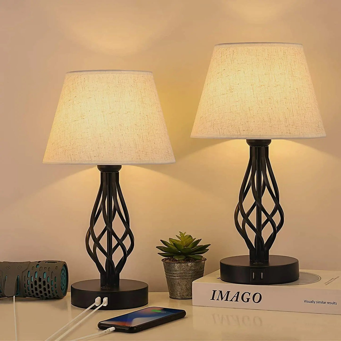 Bedside Table Lamp Set of 2 with Dual USB Ports   Metal Nightstand Lamps