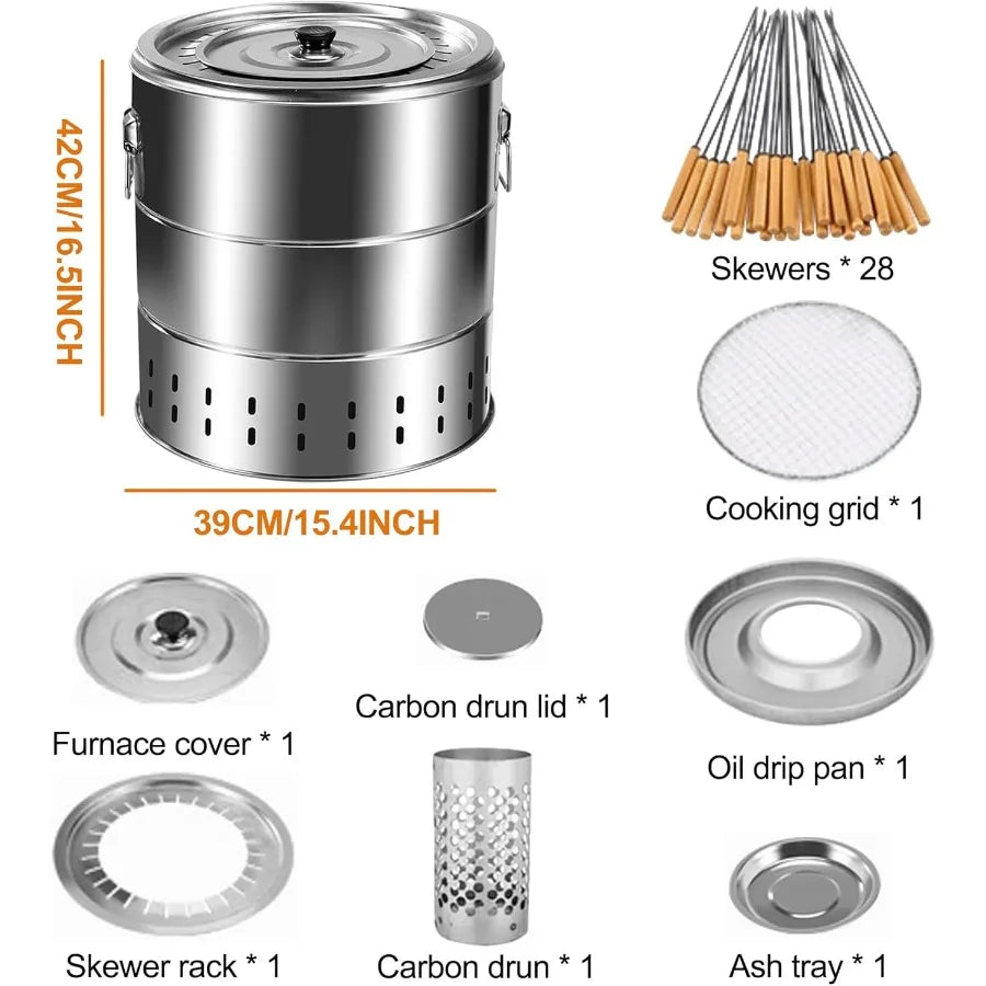 Portable Smokeless Barbecue Charcoal Barrel Grill Stainless Steel Surround Charcoal kebab Grill with 28 Skewers and BBQ Grill Cover