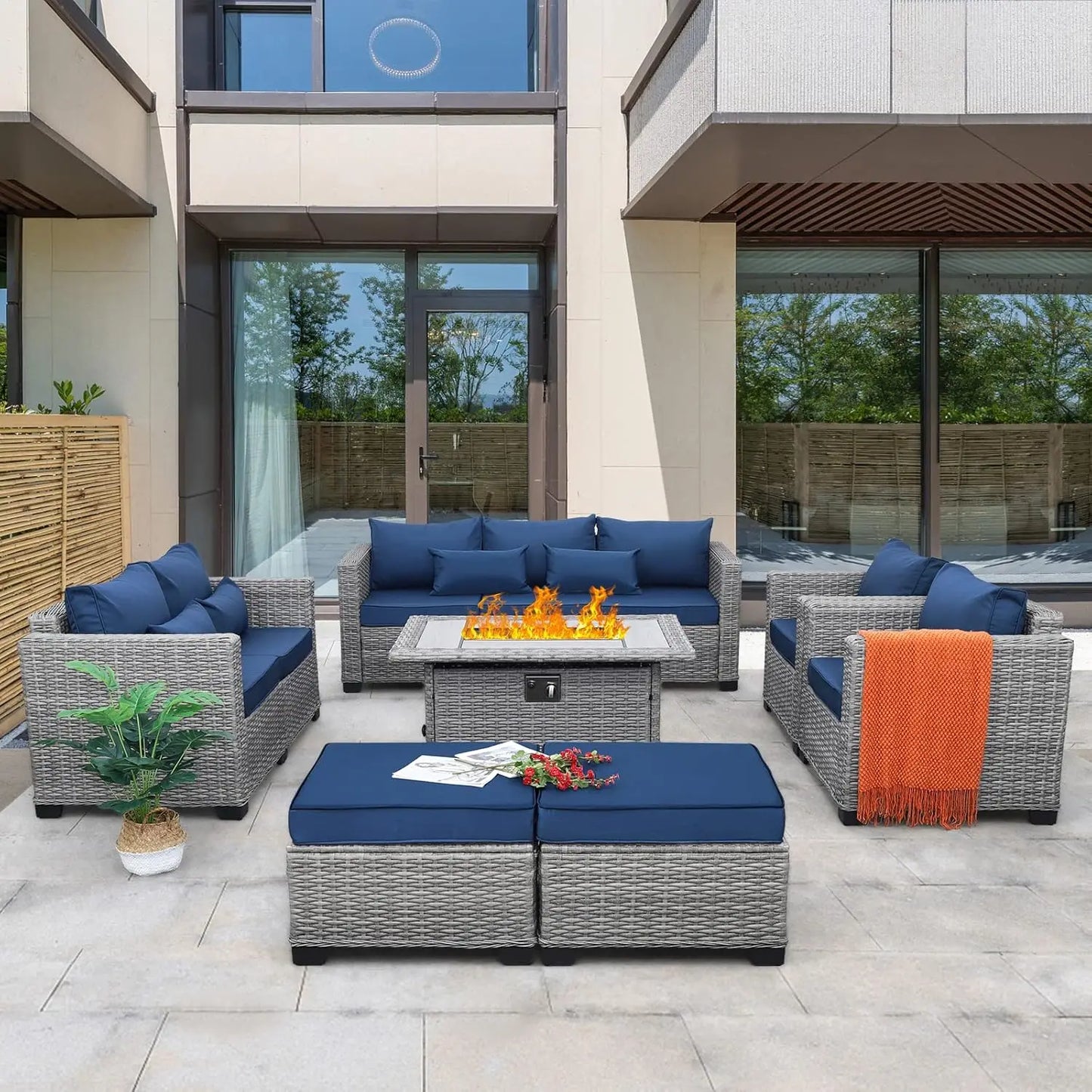 7-Piece Patio Furniture Set with 45-Inch Fire Pit 60000 BTU Propane Fire Pit Table Non-Slip Cushions and Waterproof Covers